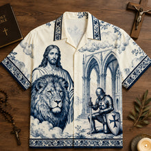 Load image into Gallery viewer, “A Faithful Knight's Strength and Courage” - Personalized Faith-Inspired Hawaiian Shirt - Custom Gift for Christians, Men and Women
