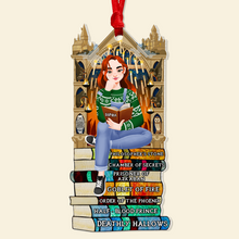Load image into Gallery viewer, Personalized Christmas Ornament for Book Lovers - Girl Reading on Book Stack Ornament PopCulturePrints
