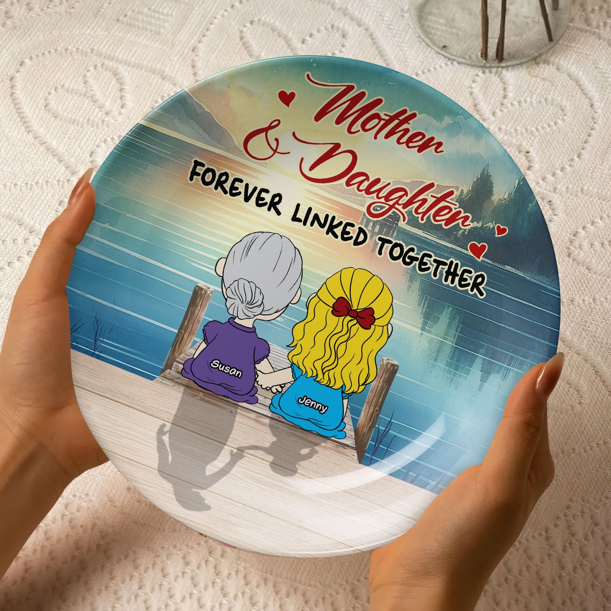"Forever Linked Together" - Personalized Ceramic Round Plate - Perfect Gift for Mom, Grandma, and Daughters Ceramic Round Plate PopCulturePrints