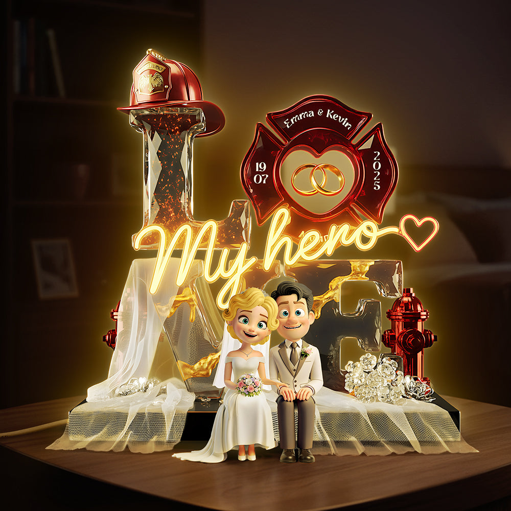 My Hero - Firefighter Wedding Couple Acrylic Light Box - Personalized Gift for Couples Light Box PopCulturePrints