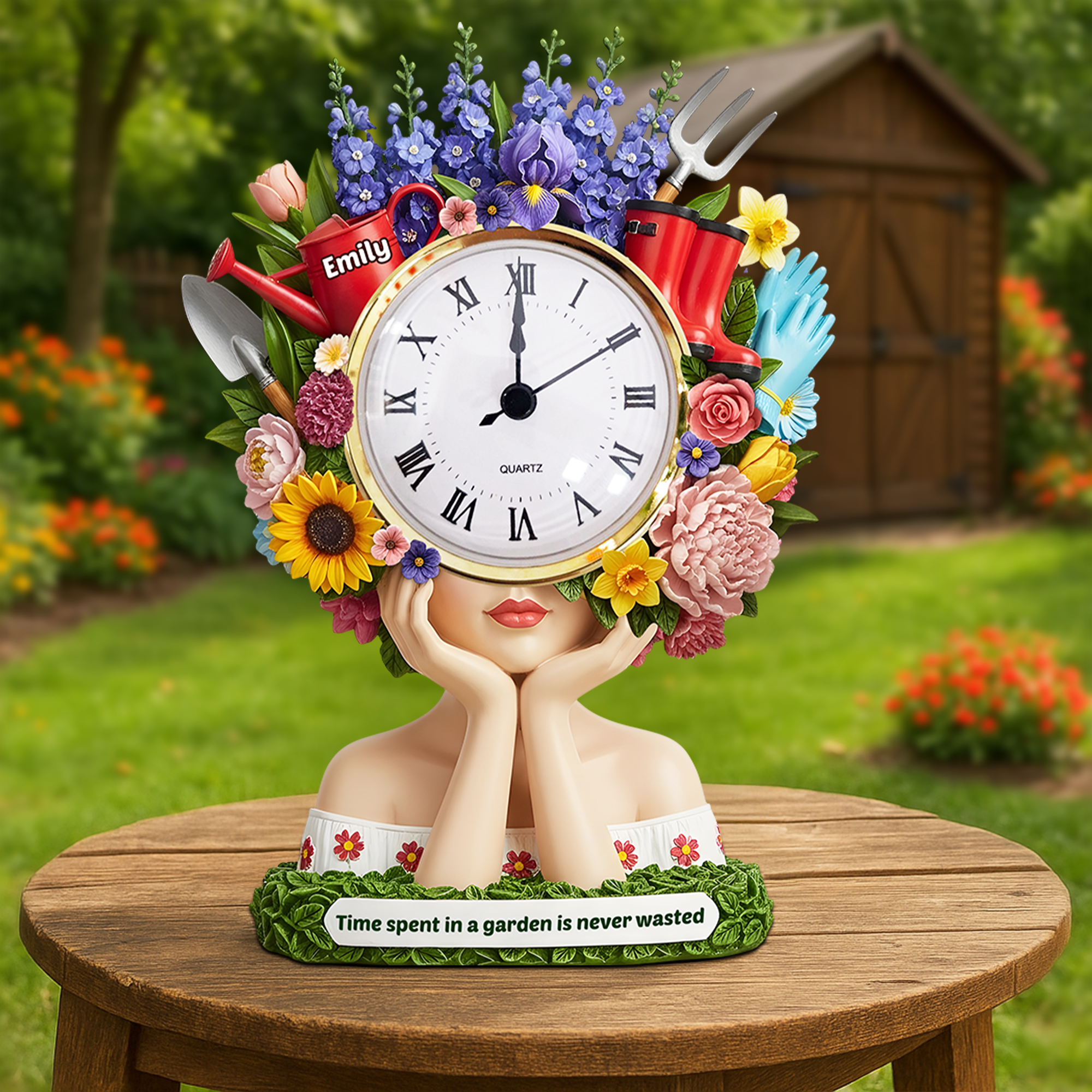 Time Spent in a Garden is Never Wasted - Personalized Flower Head Girl Desk Clock Plaque - Gift for Gardening Lovers Clock Plaques PopCulturePrints