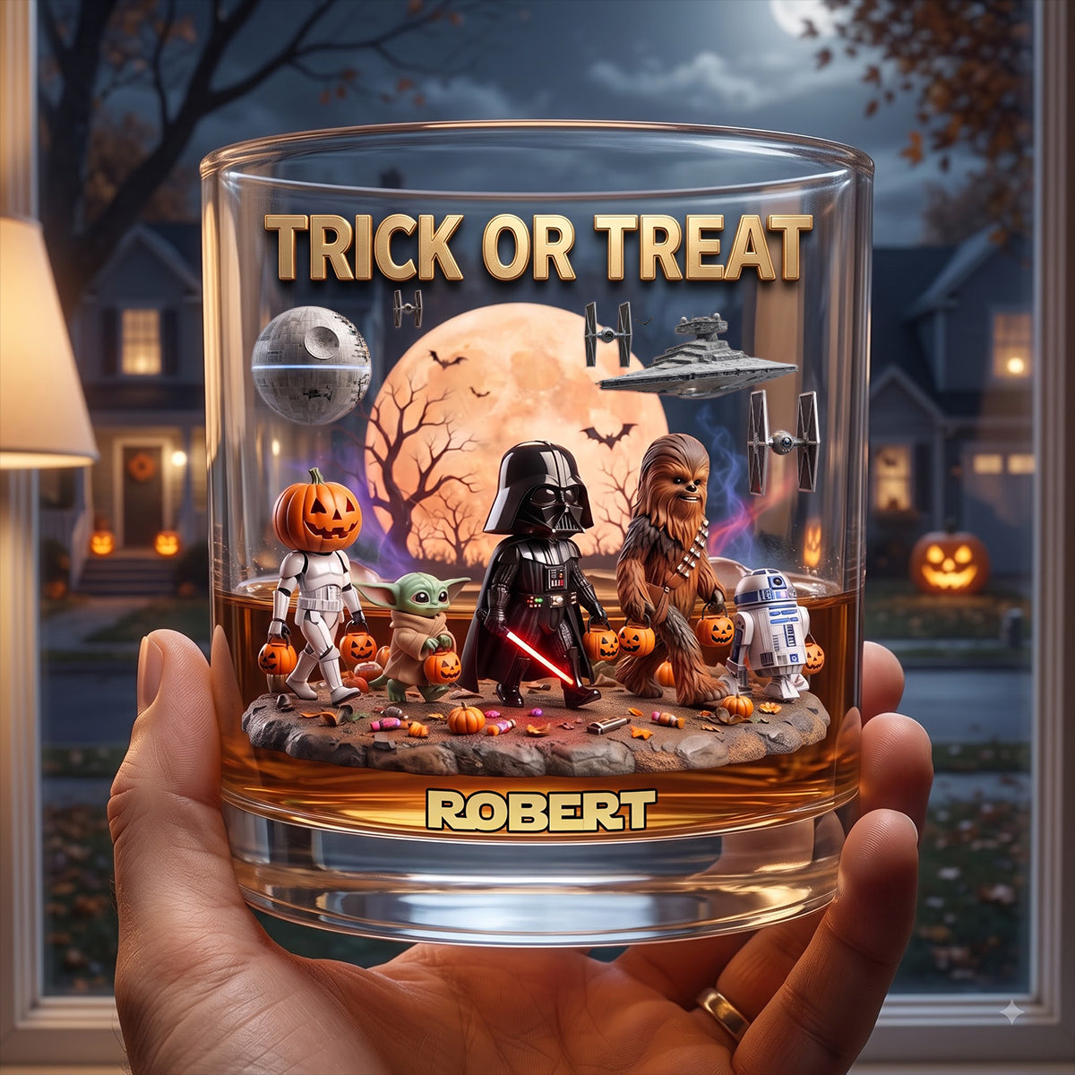 "Trick or Treat" – Cosmic Halloween Round Glass - Personalized Gift for Every Star Wars Fan Glass PopCulturePrints