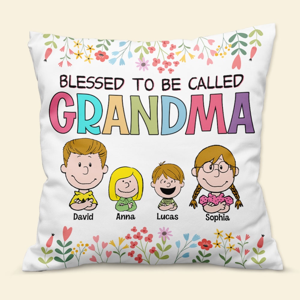 Personalized Cartoon Grandkids Pillow - Blessed To Be Called Grandma