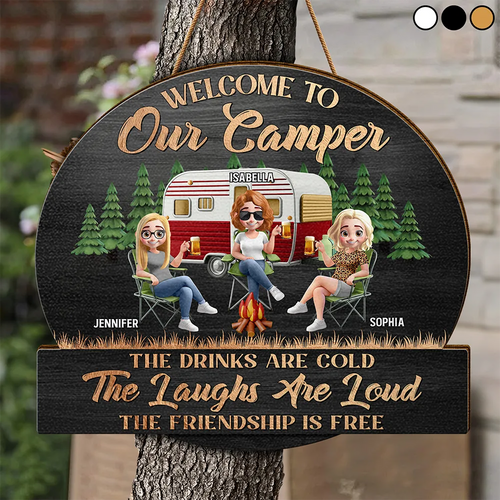 Welcome to Our Camper - Personalized Custom Shaped Wood Sign for Camping Besties Wood Shaped Sign PopCulturePrints