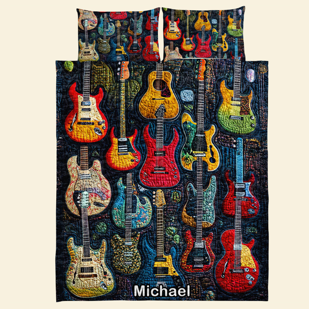 Personalized Guitar Lover's Quilt Bedding Set - Acoustic Vibe Blanket PopCulturePrints