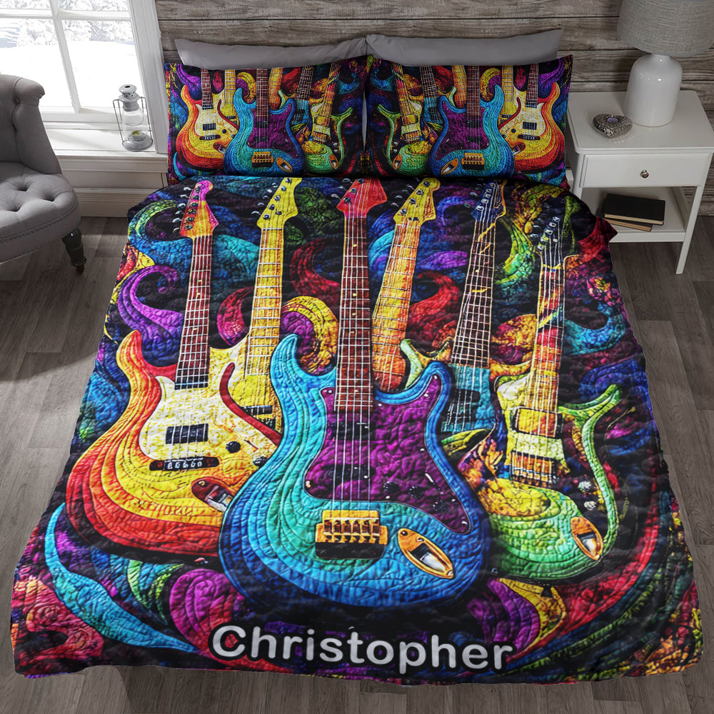 Personalized Guitar Lovers Quilt Bedding Set - Vibrant Melody Design Blanket PopCulturePrints