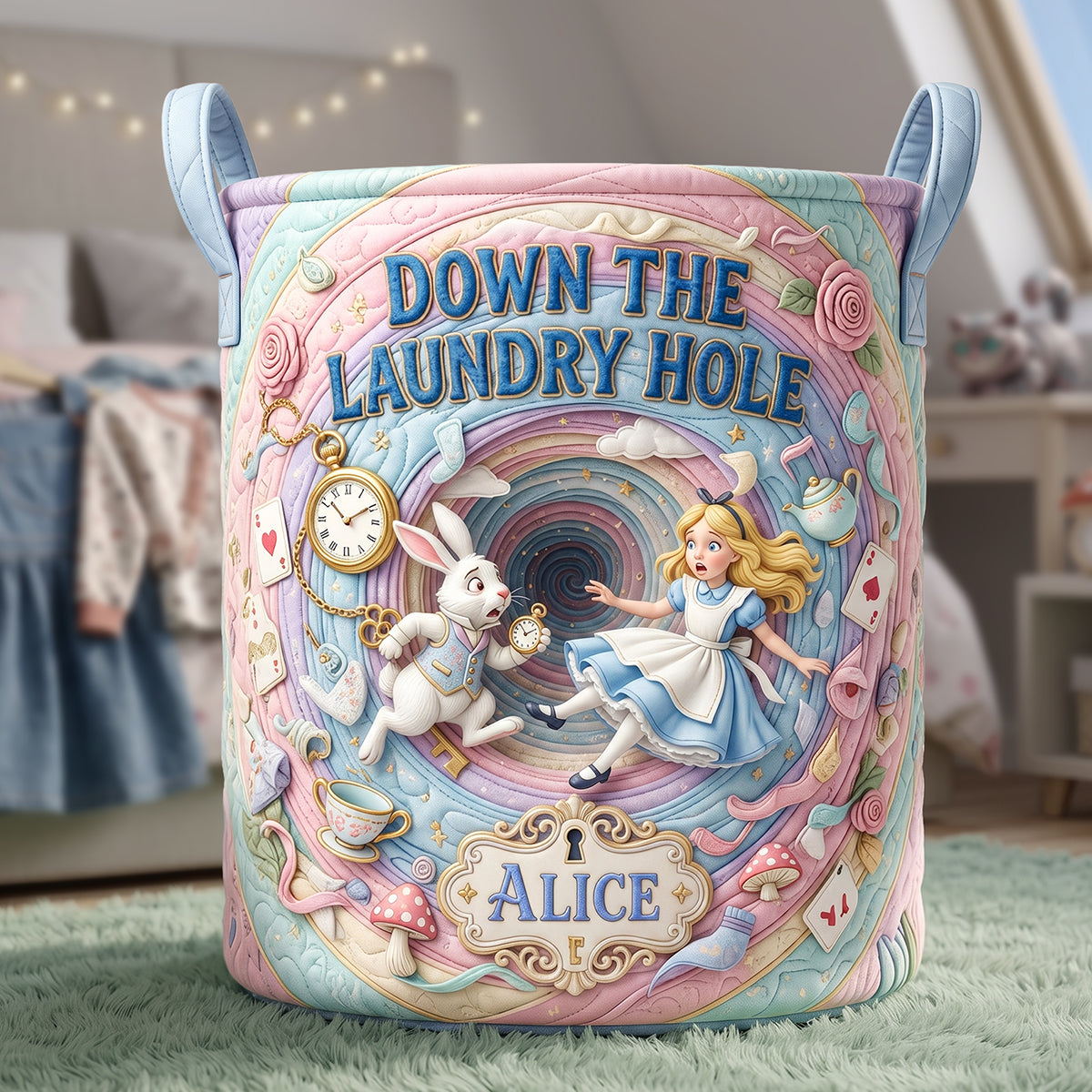 “Down the Laundry Hole” - Personalized Quilted Laundry Basket - Gift for Alice Fans, Children, and Dreamers