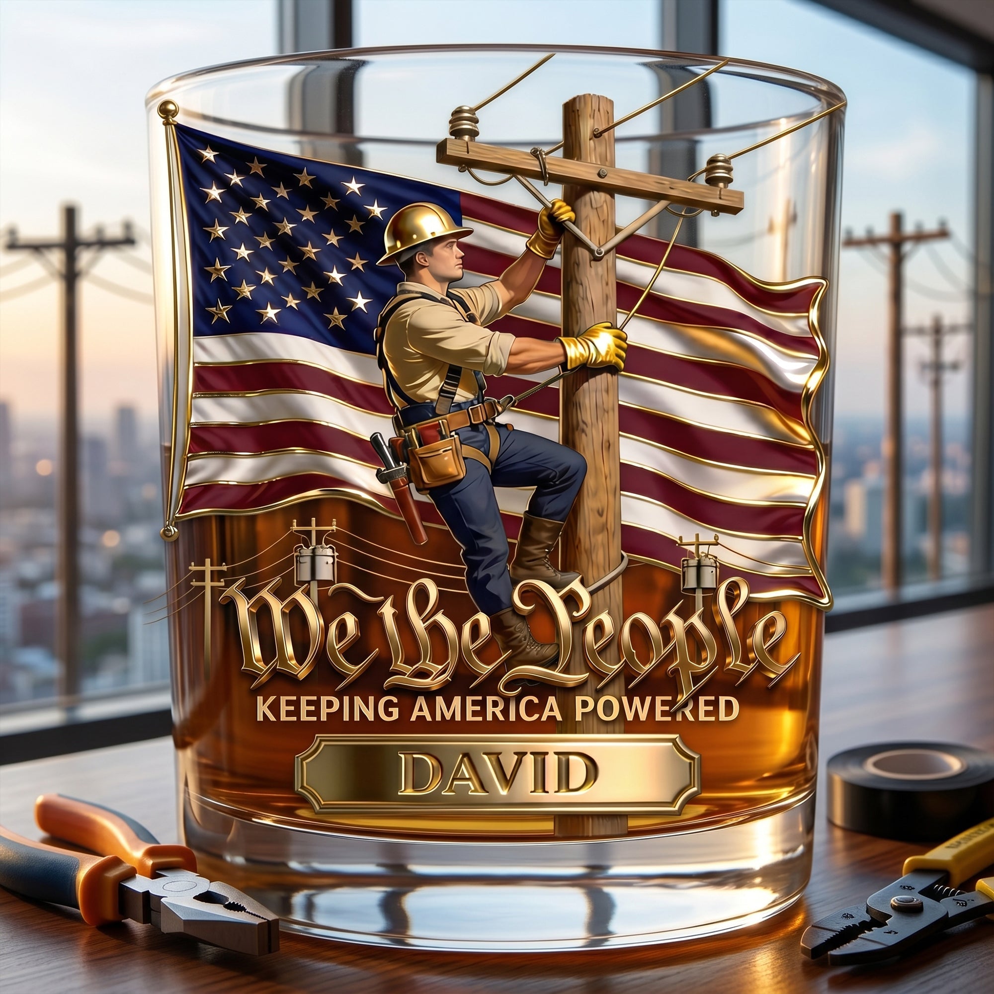 “We The People” - Keeping America Powered Whiskey Glass - Personalized Gift for Lineman Glass PopCulturePrints