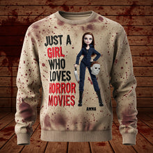 Load image into Gallery viewer, Just a Girl Who Loves Horror Movies Sweatshirt - Personalized Gift for Halloween Fans AOP Products PopCulturePrints
