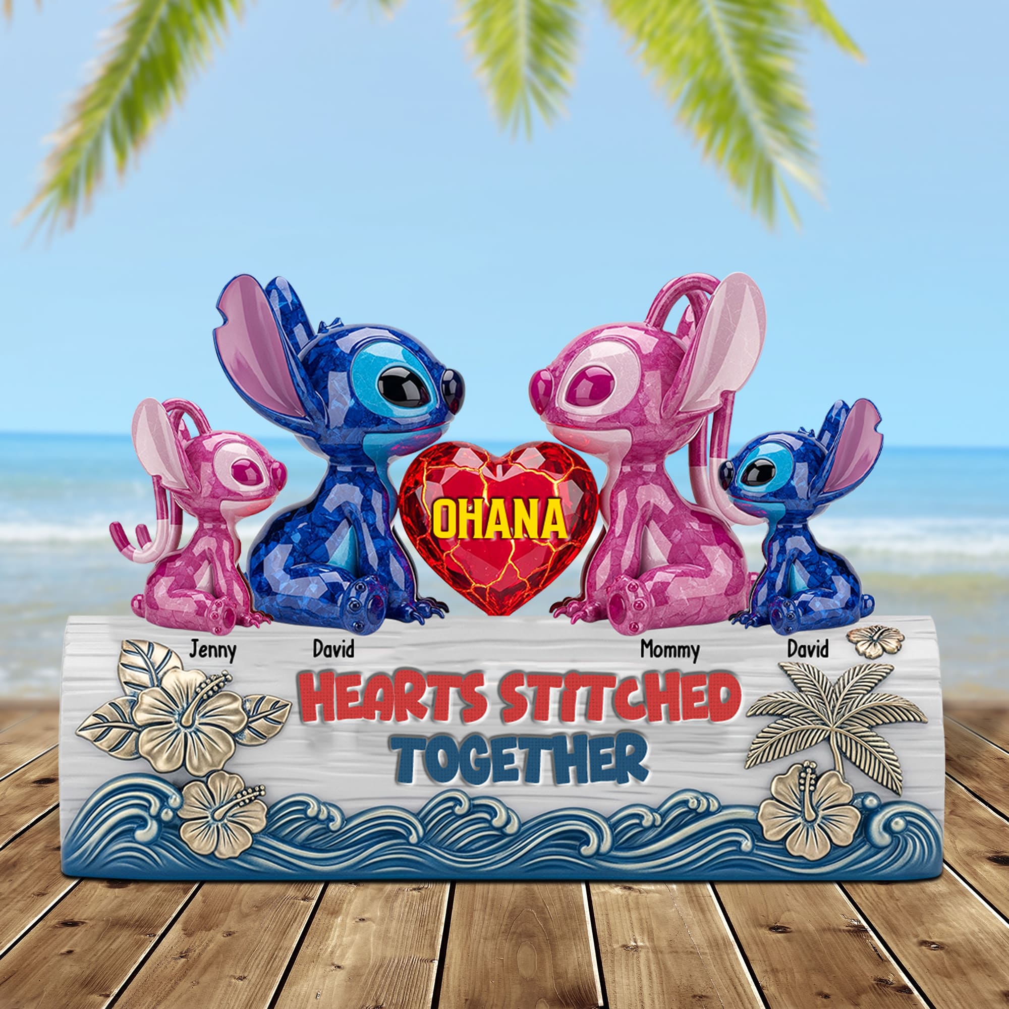 Hearts Stitched Together - Personalized Blue Monster Family Plaque Shaped Plaques PopCulturePrints