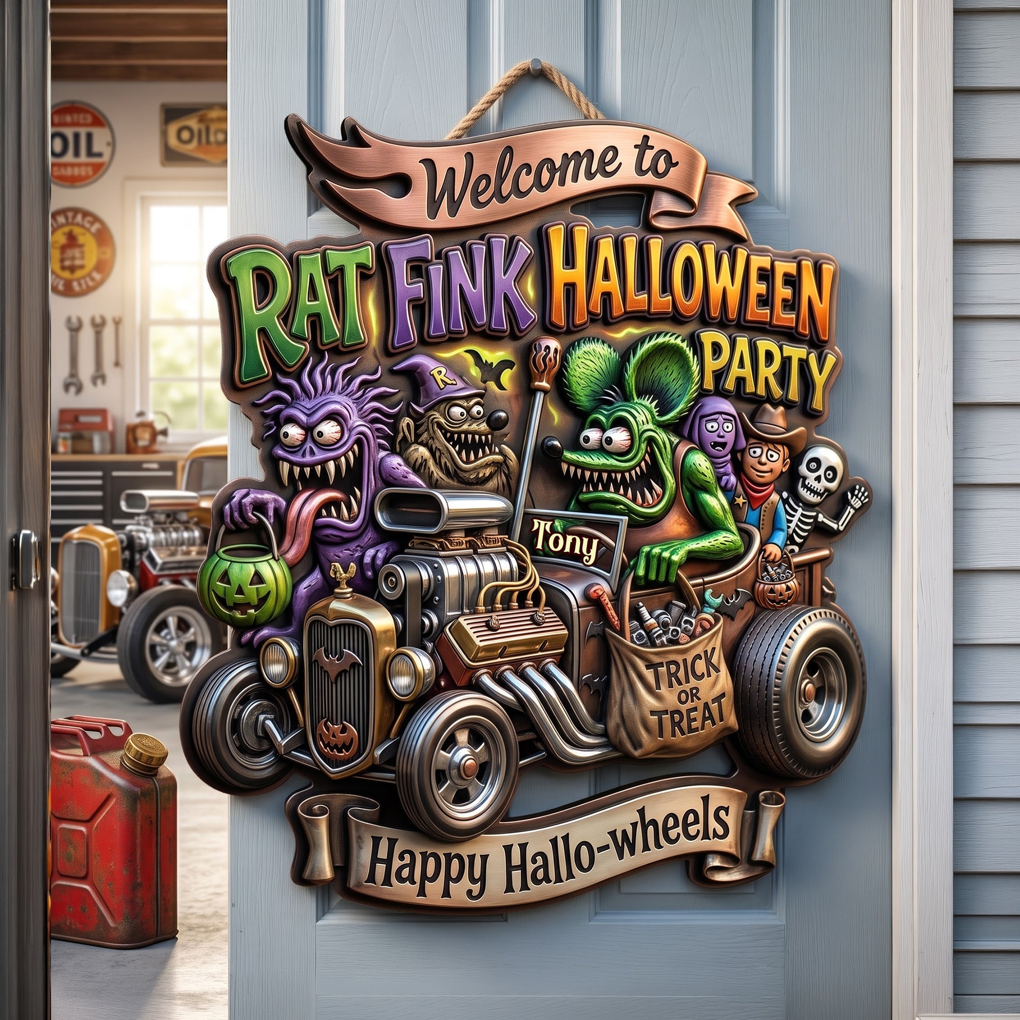 "Welcome to the Spookiest Ride!" - Personalized Hot Rod Garage Halloween Party Sign - Perfect Gift for Hot Rod Lovers Acrylic Sign PopCulturePrints