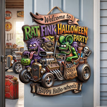 Load image into Gallery viewer, "Welcome to the Spookiest Ride!" - Personalized Hot Rod Garage Halloween Party Sign - Perfect Gift for Hot Rod Lovers Acrylic Sign PopCulturePrints
