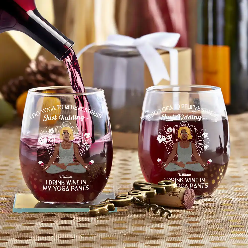 I Drink Wine in My Yoga Pants - Personalized Stemless Wine Glass Wine Glass PopCulturePrints