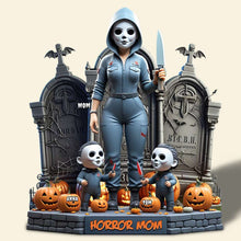 Load image into Gallery viewer, &quot;Slay the Day with Horror Mom!&quot; - Personalized Acrylic Plaque - Unique Gift for Mom and Grandma Shaped Plaques PopCulturePrints
