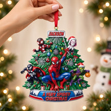 Load image into Gallery viewer, “Swinging into Christmas Cheer!” - Personalized Acrylic Ornament for Spidey Fans - Gift for Kids and Marvel Lovers
