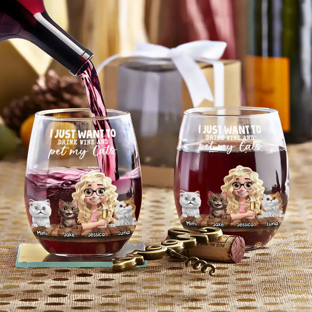 I Just Want To Drink Wine - Personalized Stemless Wine Glass for Cat Lovers Wine Glass PopCulturePrints