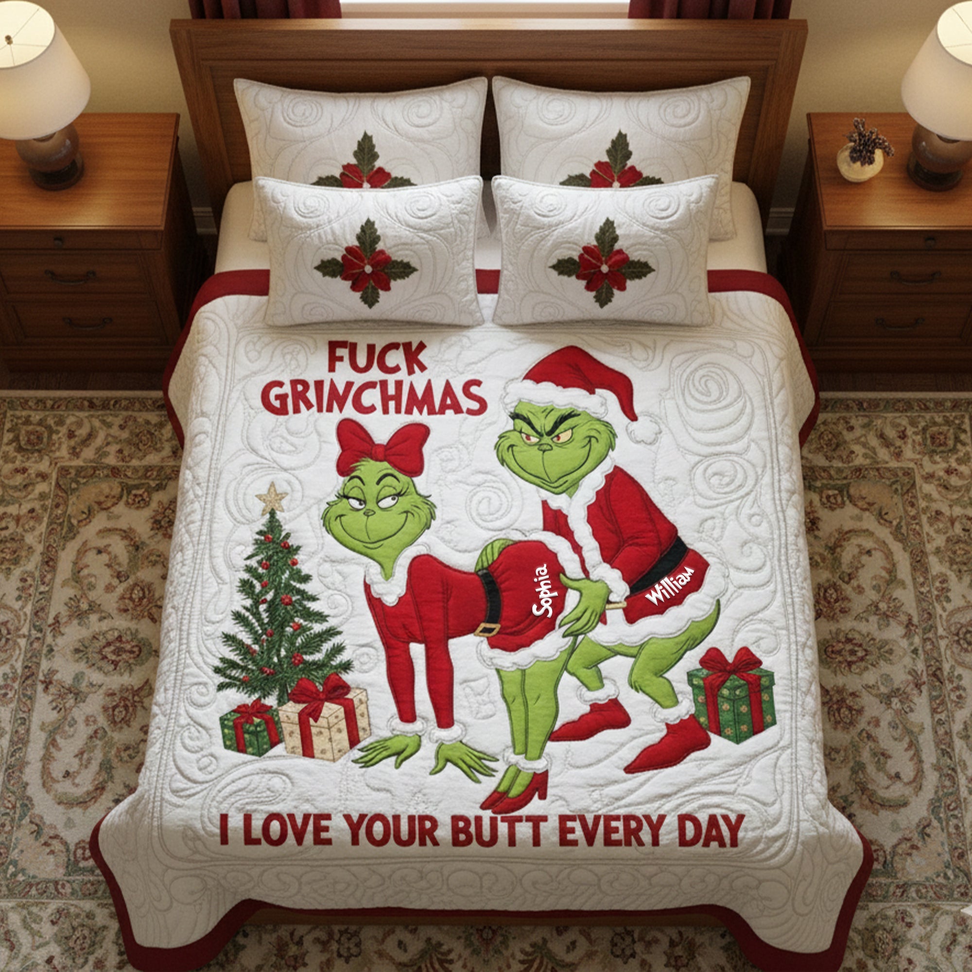 Embrace the Grinch Spirit - Cheeky Green Couple Quilt Bedding Set - Personalized Gift for Couples Bedding Set PopCulturePrints