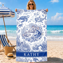 Load image into Gallery viewer, "Make Waves with Personalization!" - Joyful Ocean Current Toile De Jouy Beach Towel - Custom Gift for Friends and Family

