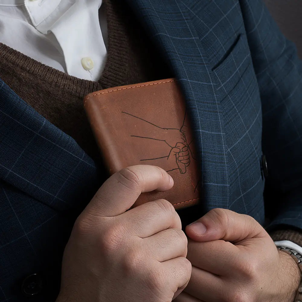 Hand In Hand - Grandpa Will Always Protect Grandkid - Personalized Engraved Leather Wallet Engraved Leather Wallet PopCulturePrints