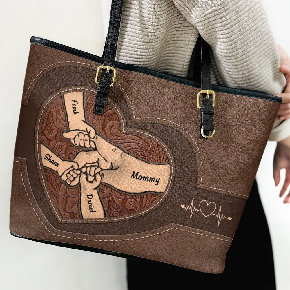 Holding Hands Icon - Personalized Leather Tote Bag for Mom & Grandma Leather Tote Bag PopCulturePrints