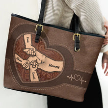 Load image into Gallery viewer, Holding Hands Icon - Personalized Leather Tote Bag for Mom &amp; Grandma Leather Tote Bag PopCulturePrints
