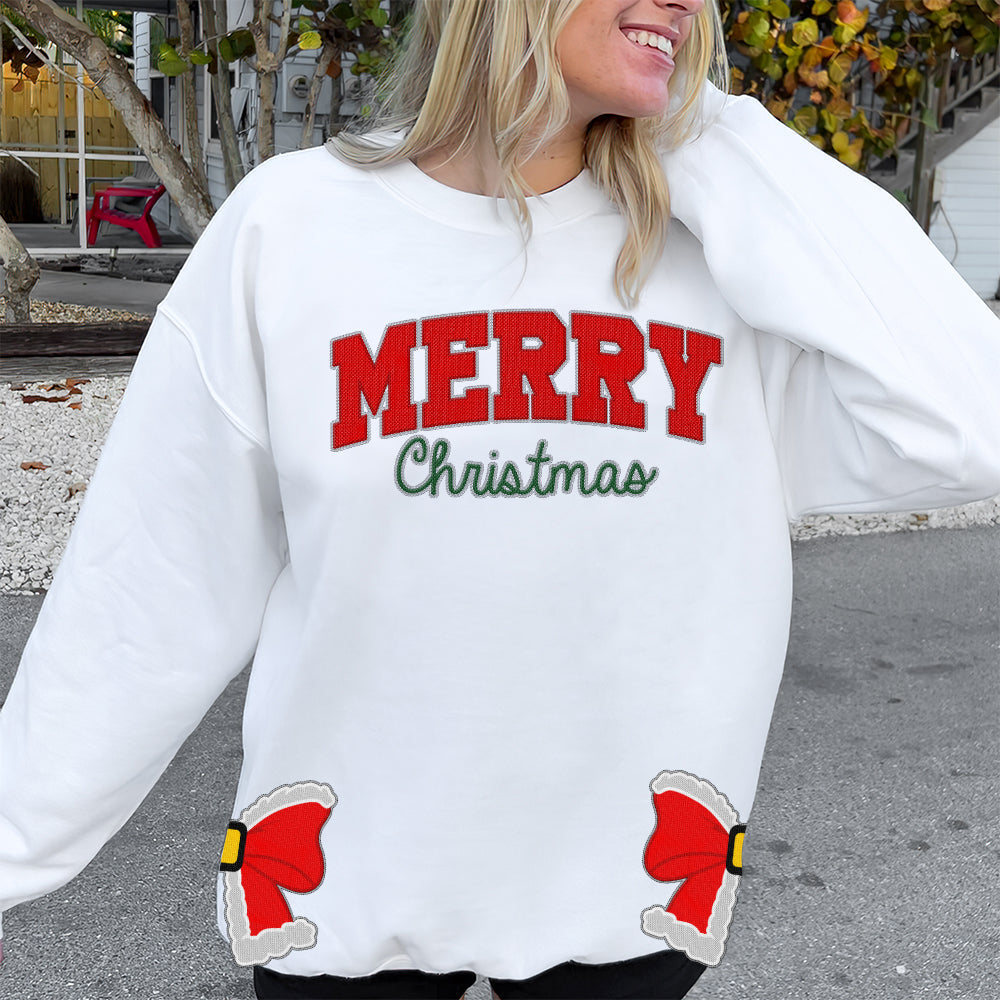 Festive Red Bow Merry Christmas Embroidered Sweatshirt