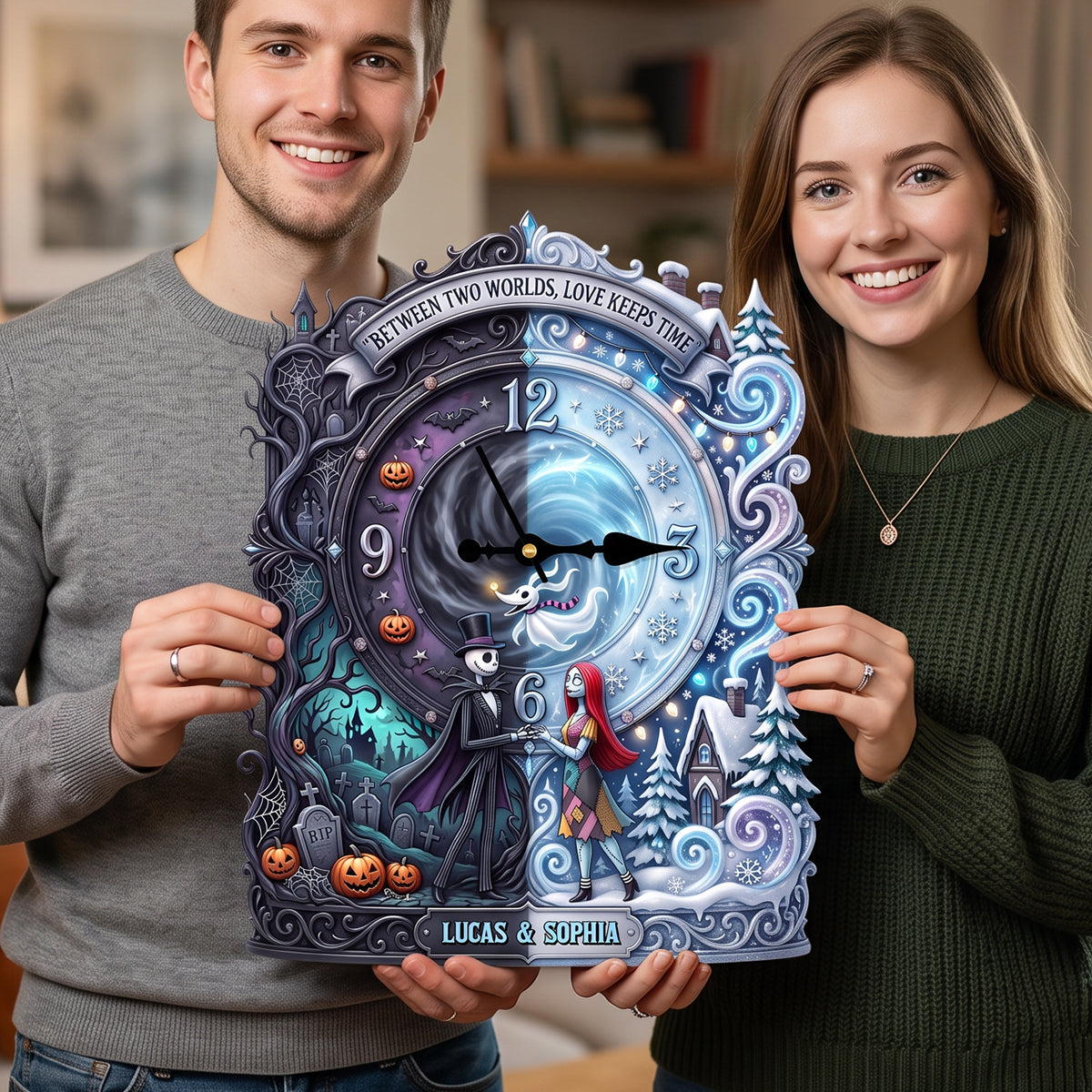 “Between Two Worlds, Love Keeps Time” - Personalized Love Keep Time Acrylic Hanging Wall Clock - Unique Gift for Couples