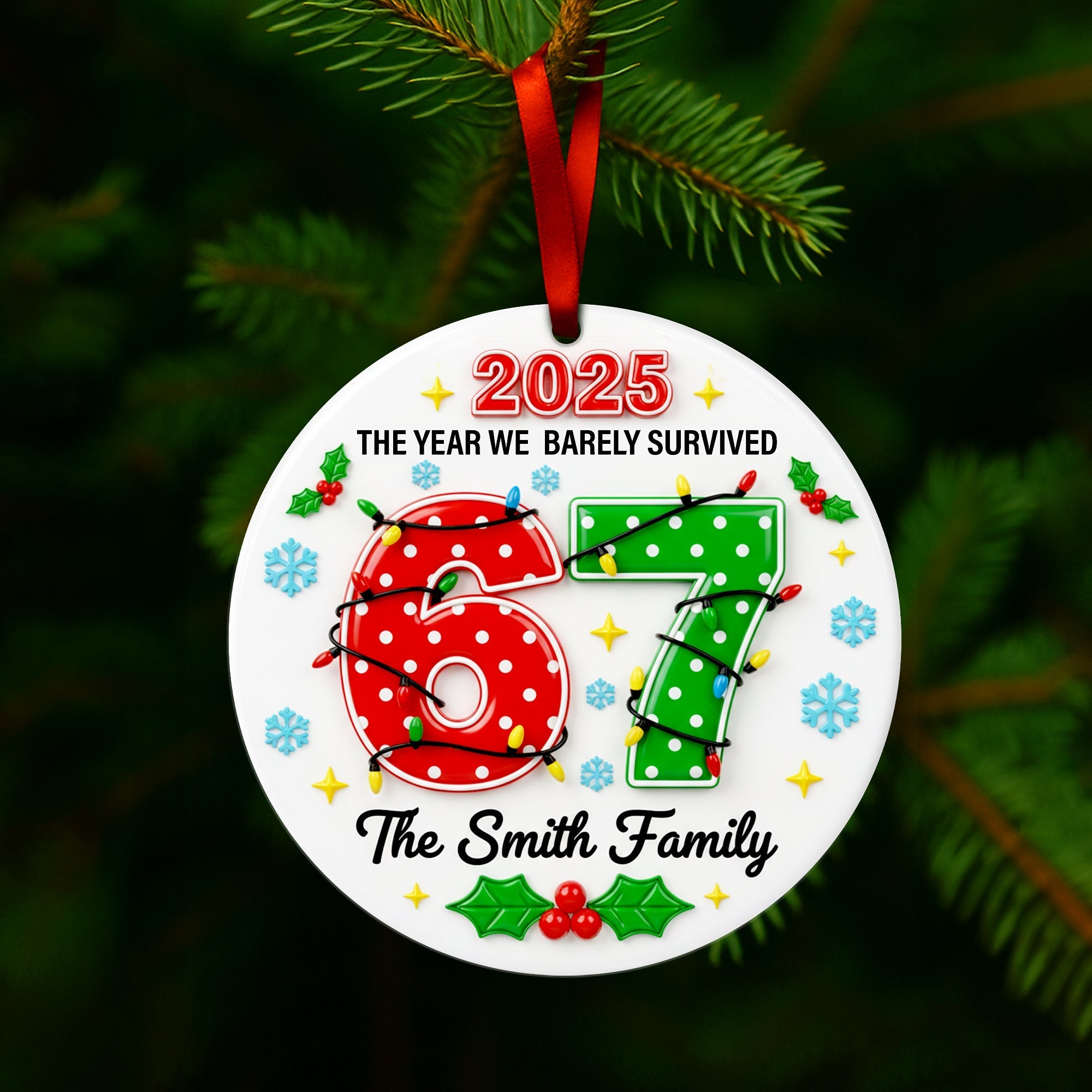 2025: The Year We Barely Survived - Personalized Family Survival Year Ceramic Ornament Ornament PopCulturePrints