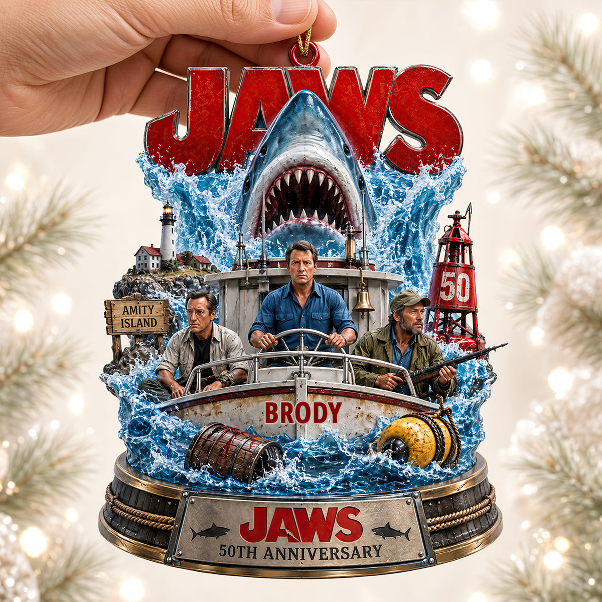 “Courage Meets Adventure” - Personalized Jaws 50th Anniversary Ornament - Custom Gift for Movie Lovers, Families, and Friends Ornament PopCulturePrints