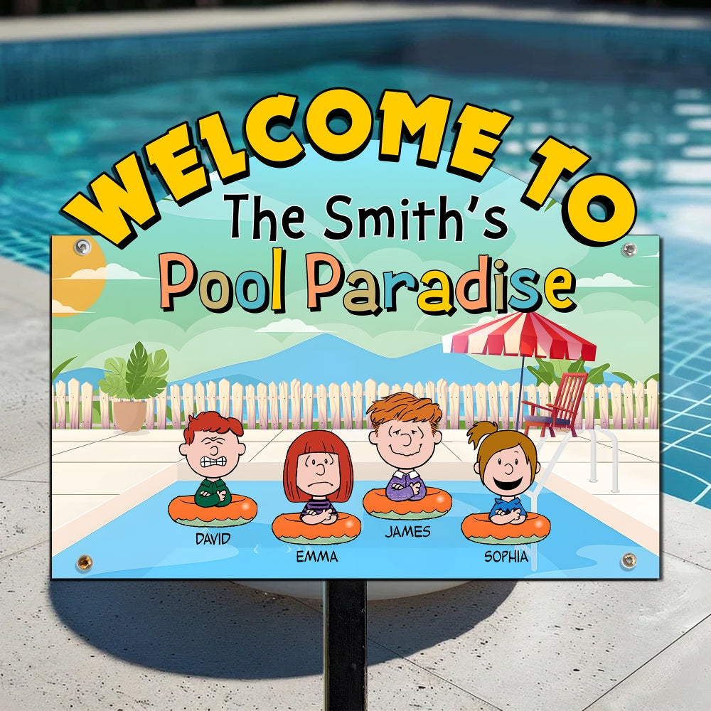 Personalized Family Pool Paradise Metal Sign - Custom Cartoon Design