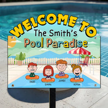 Load image into Gallery viewer, Personalized Family Pool Paradise Metal Sign - Custom Cartoon Design
