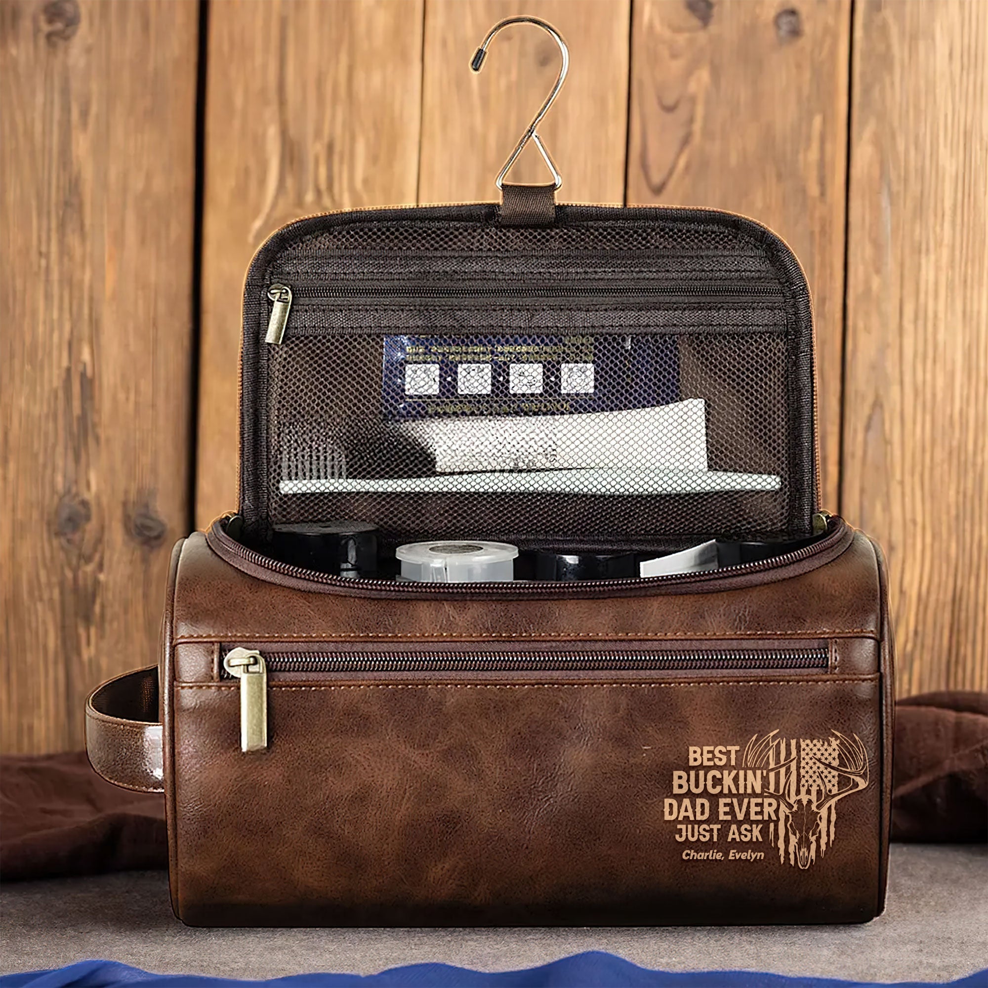 “Best Buckin’ Dad Ever!” - Personalized Leather Toiletry Bag for Hunting Dads, Gift for Dad, Grandpa, and Father’s Day Toiletry Bag PopCulturePrints