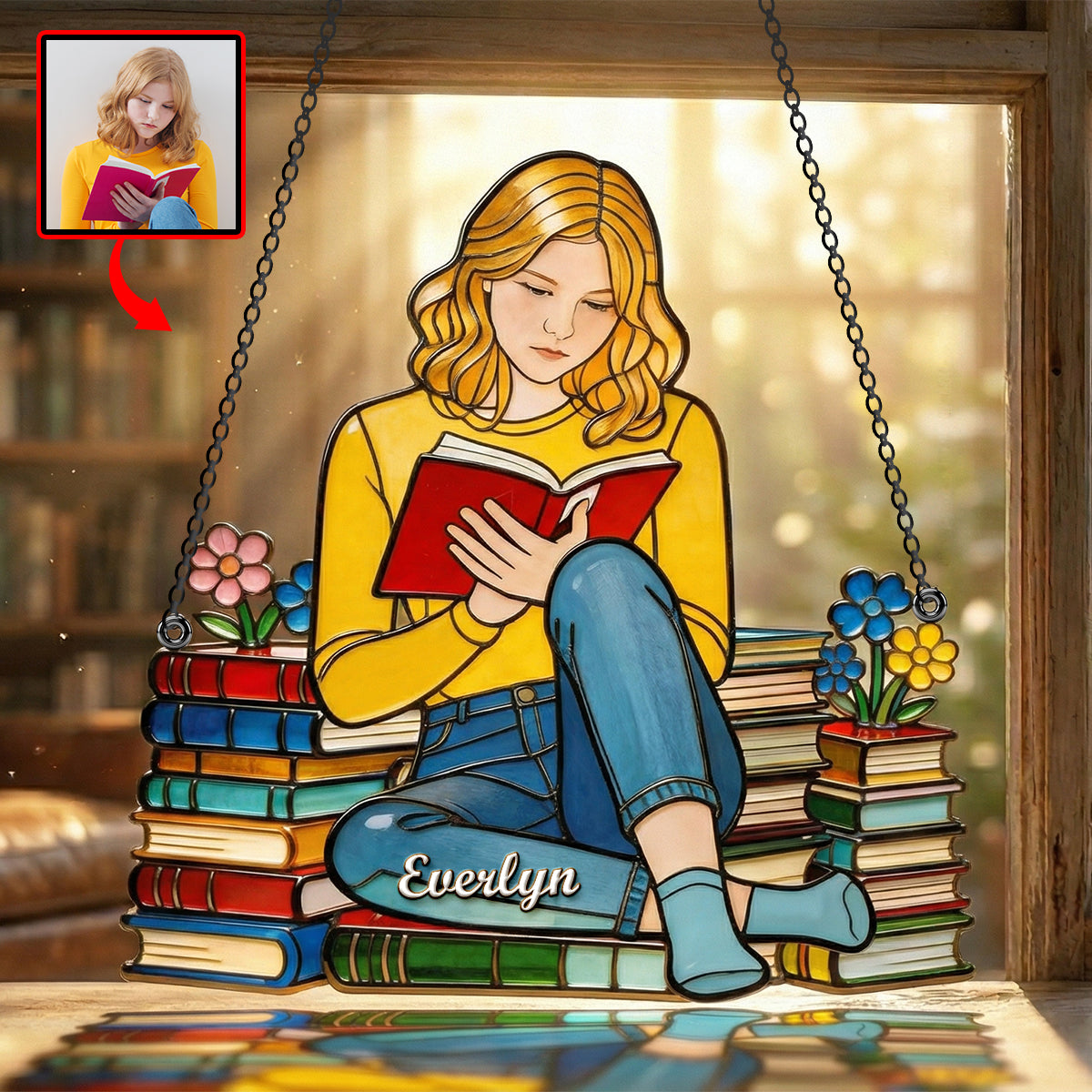 “Books: The Best Escape” - Personalized Book Lover Suncatcher - Custom Photo Gift for Readers, Bookworms, and Bibliophiles Ornament PopCulturePrints