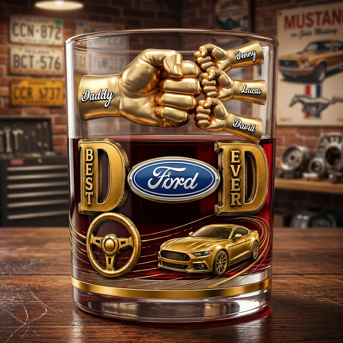 "Best Dad Ever" - Personalized Muscle Car Dad Round Glass - Unique Gift for Dads and Grandpas Glass PopCulturePrints