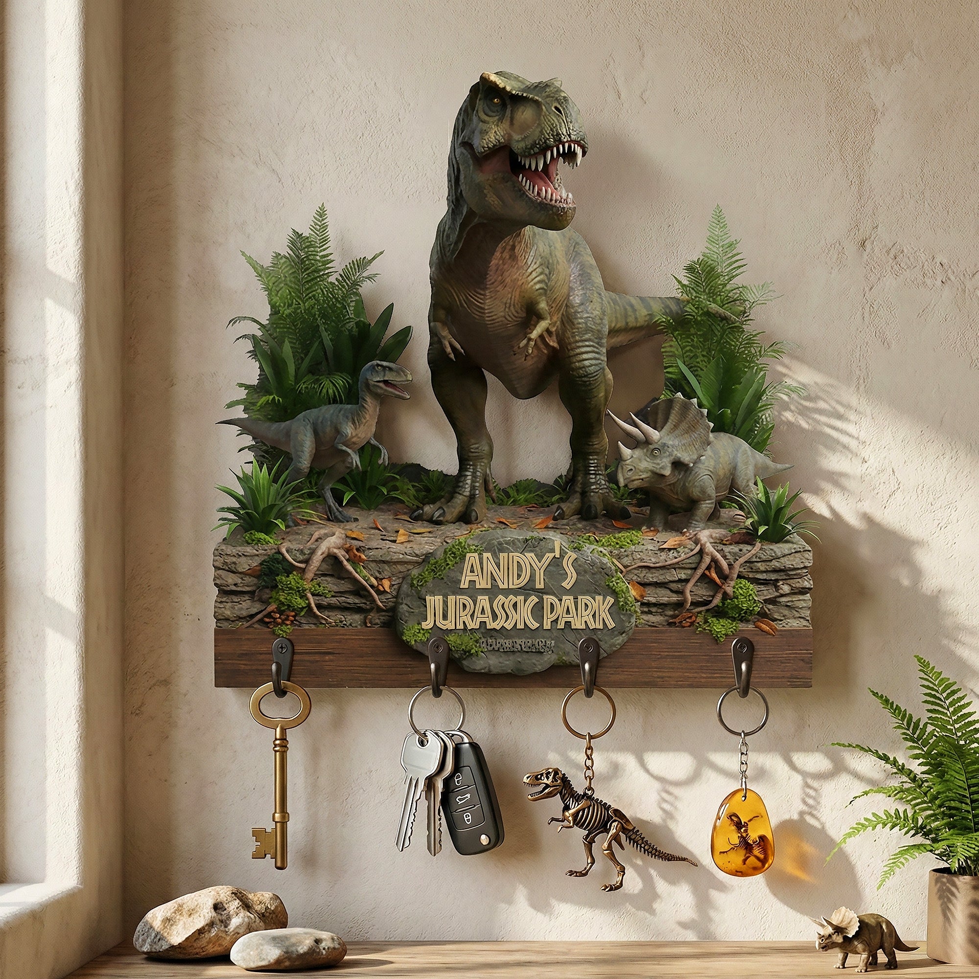 Welcome to Andy's Jurassic Park - Personalized Jungle Wood Key Hanger Wood Sign PopCulturePrints