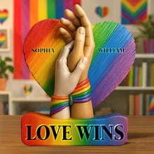 Load image into Gallery viewer, &quot;Love Wins&quot; - Personalized LGBT Couple Acrylic Plaque - Custom Gift for Couples, Anniversaries, and Celebrations Shaped Plaques PopCulturePrints
