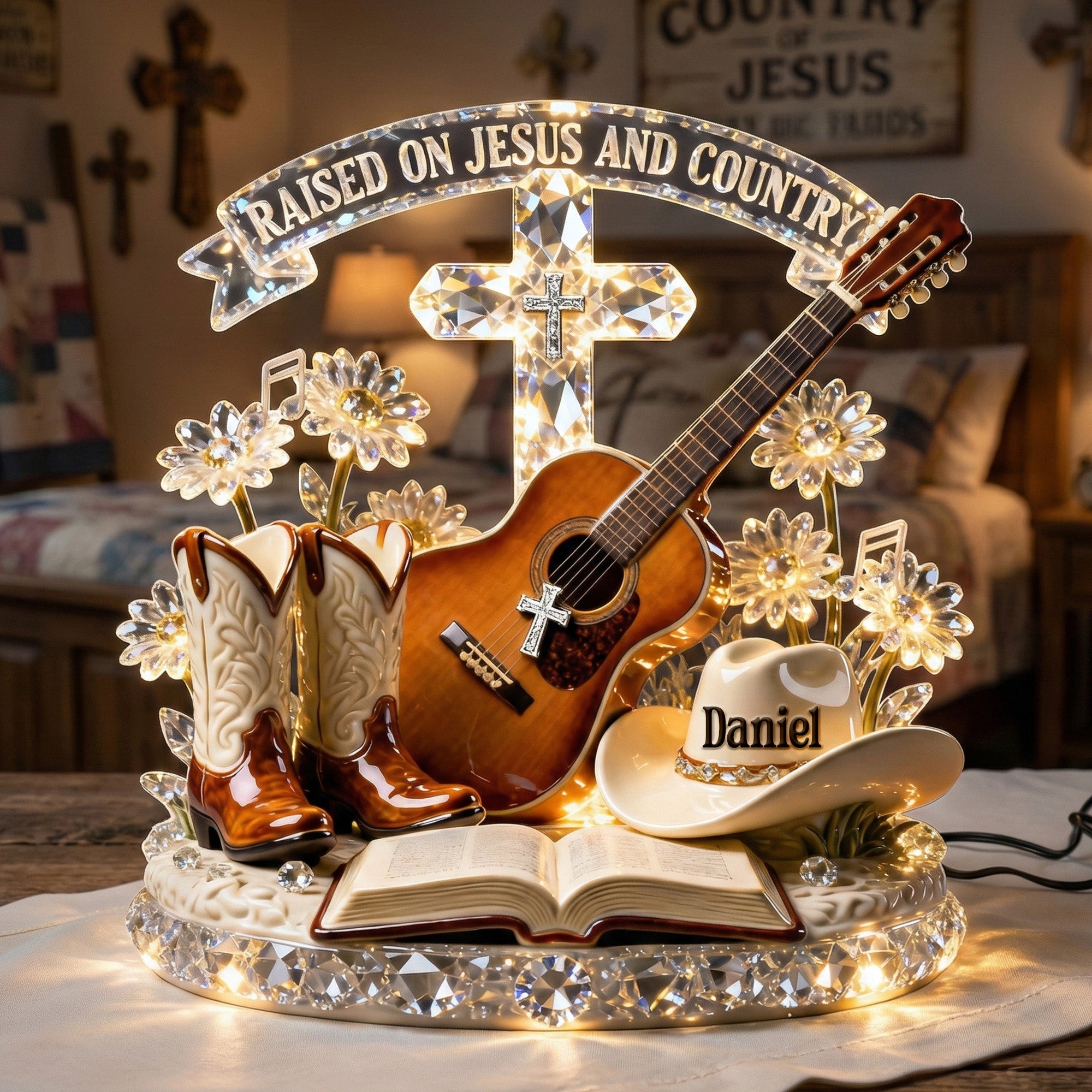 "Raised on Jesus and Country" - Personalized Acrylic Light Box - Gifts for Christian Guitarists, Friends, and Family Light Box PopCulturePrints