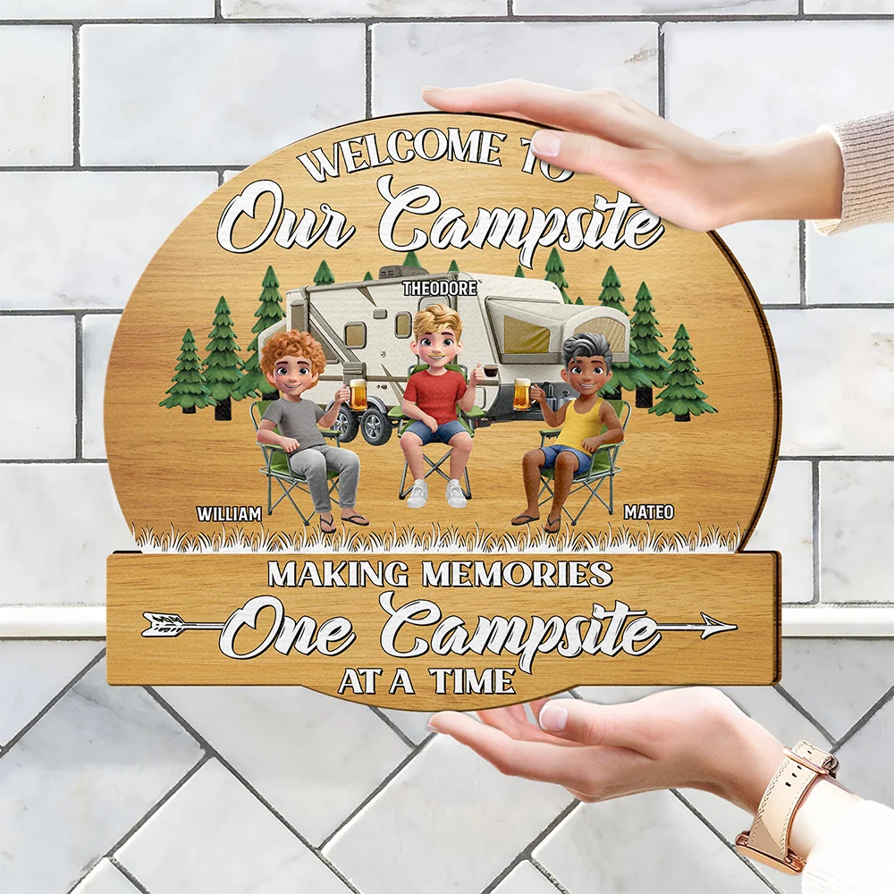 Welcome to Our Camper - Personalized Custom Shaped Wood Sign for Camping Besties Wood Shaped Sign PopCulturePrints