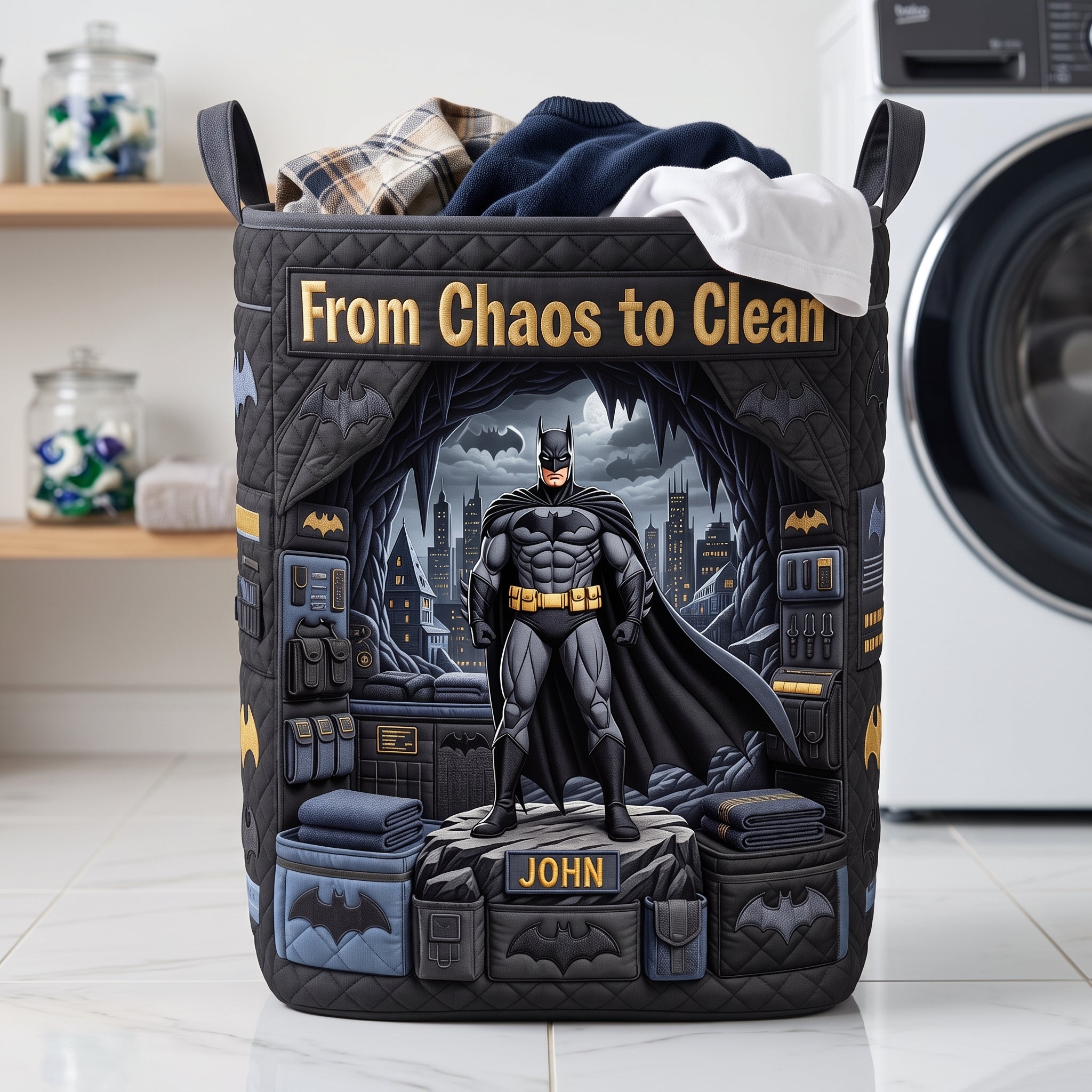 From Chaos to Clean - Elite Warrior Quilted Laundry Basket - Personalized Gift for Superhero Fans