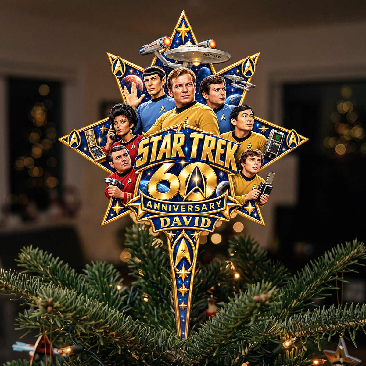 “A Journey Through the Stars” - Personalized Star Trek 60th Anniversary Christmas Tree Topper - A Unique Gift for Trekkies and Sci-Fi Fans