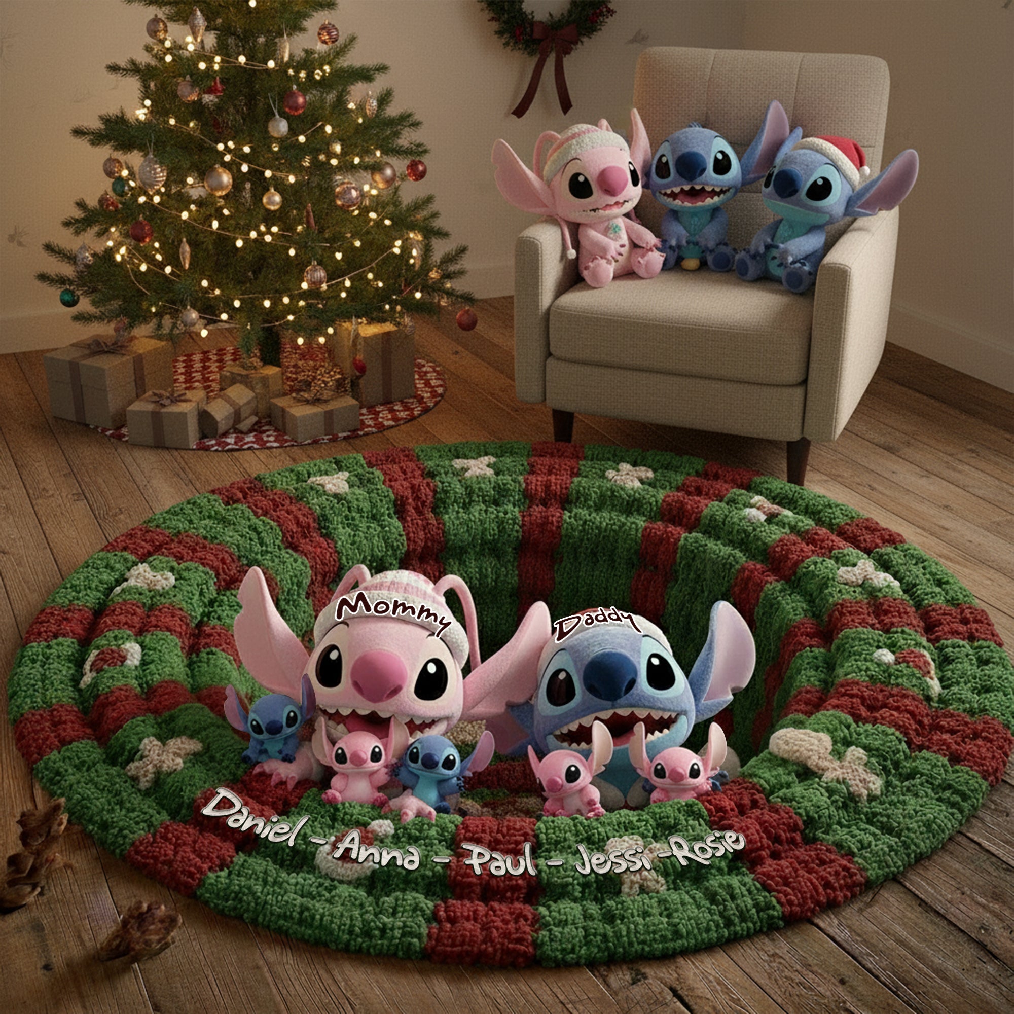 “Celebrate Family Joy!” – Personalized Cute Monsters Christmas Gifts – Quilted Round Mat for Everyone Doormat PopCulturePrints