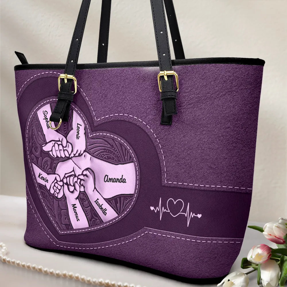 Holding Hands Icon - Personalized Leather Tote Bag for Mom & Grandma Leather Tote Bag PopCulturePrints