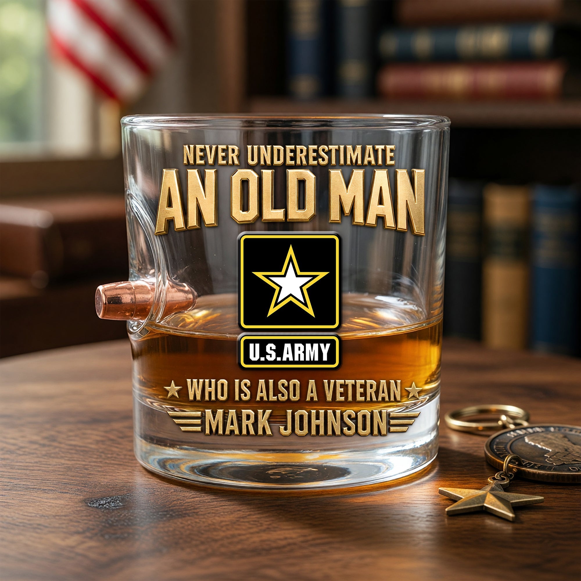 Never Underestimate An Old Man - Personalized Bullet Round Glass for Veterans