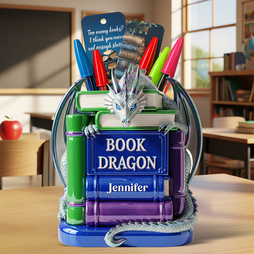 “Too Many Books?” - Book Dragon Wooden Pen Holder - Personalized Gift for Book Lovers Pen Holder PopCulturePrints