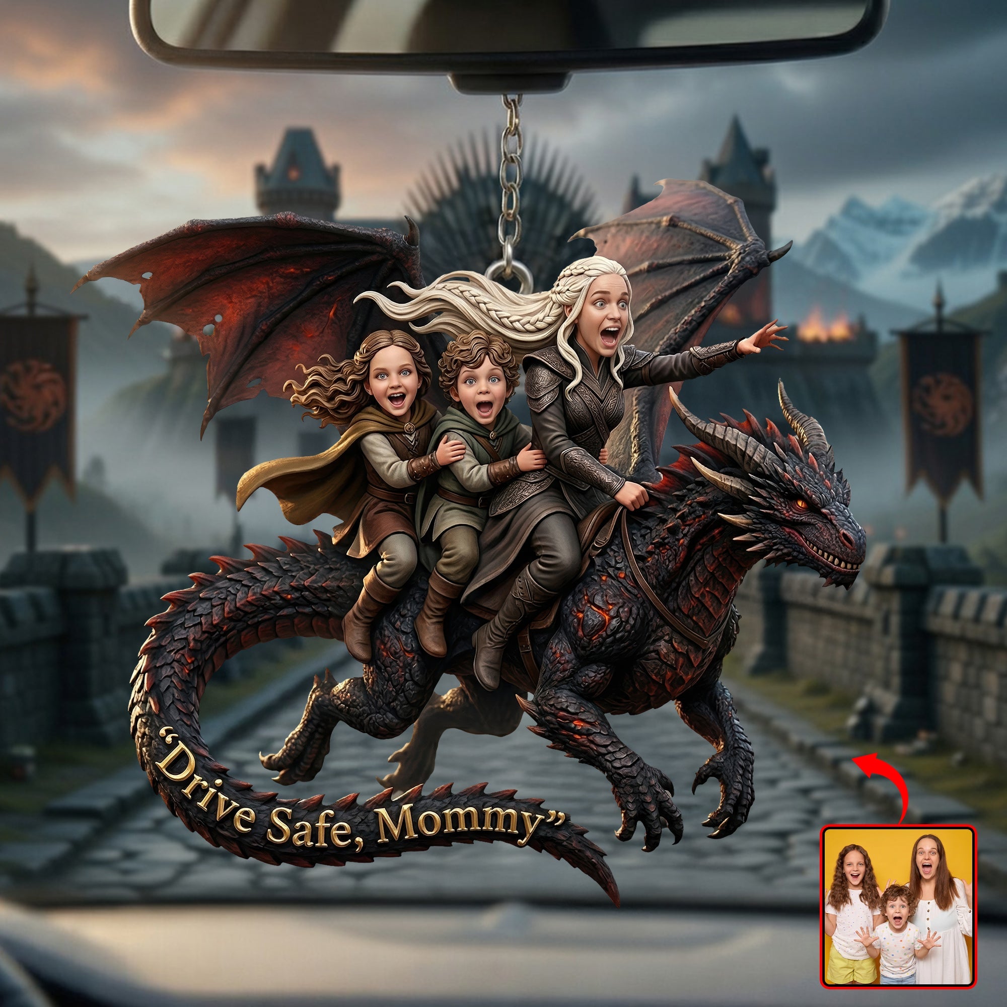 “Drive Safe, Mommy” - Dragon Rider Family Car Ornament - Custom Gift for Mom, Grandma & Family Ornament PopCulturePrints