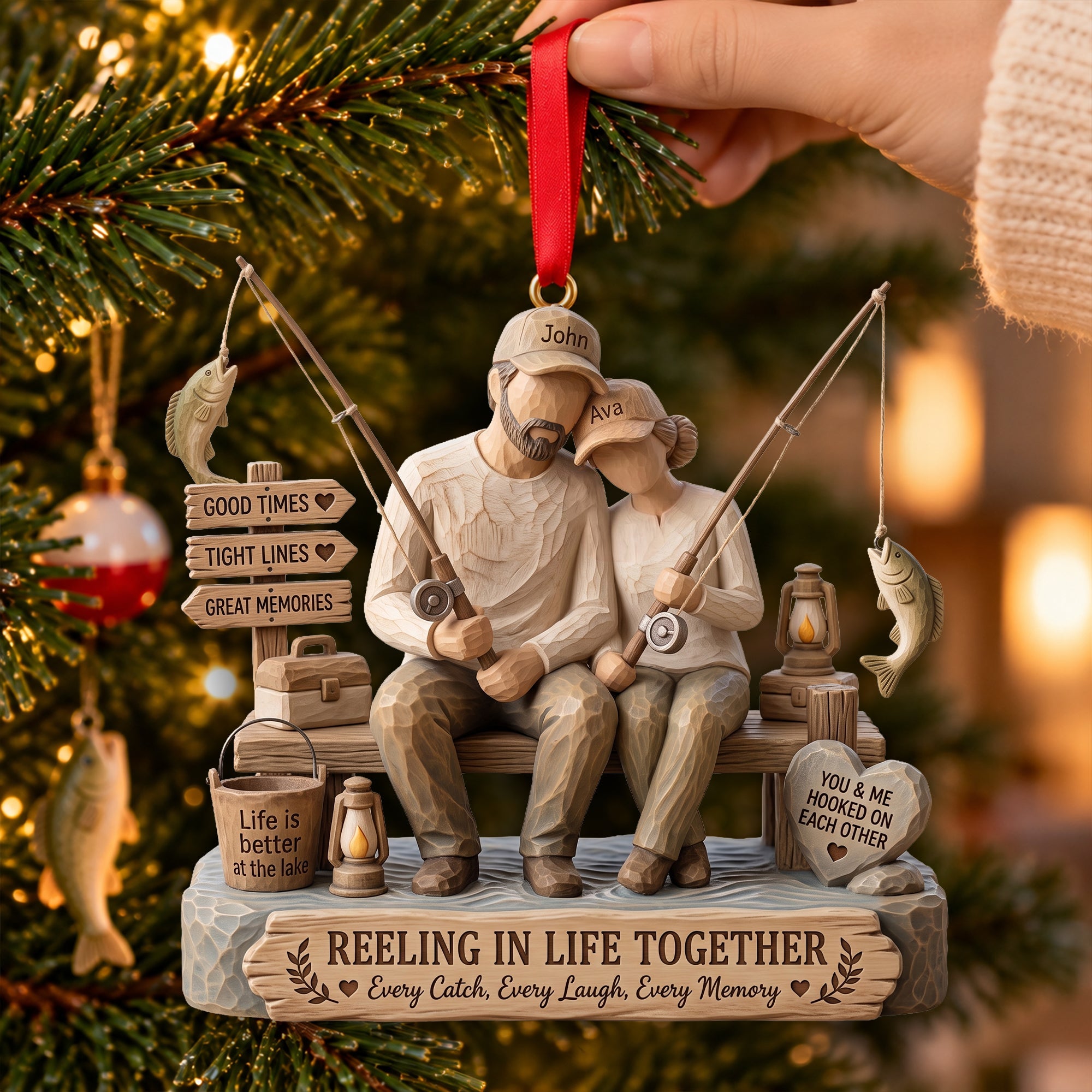 Reeling in Life Together - Personalized Fishing Couple Wood Effect Ornament