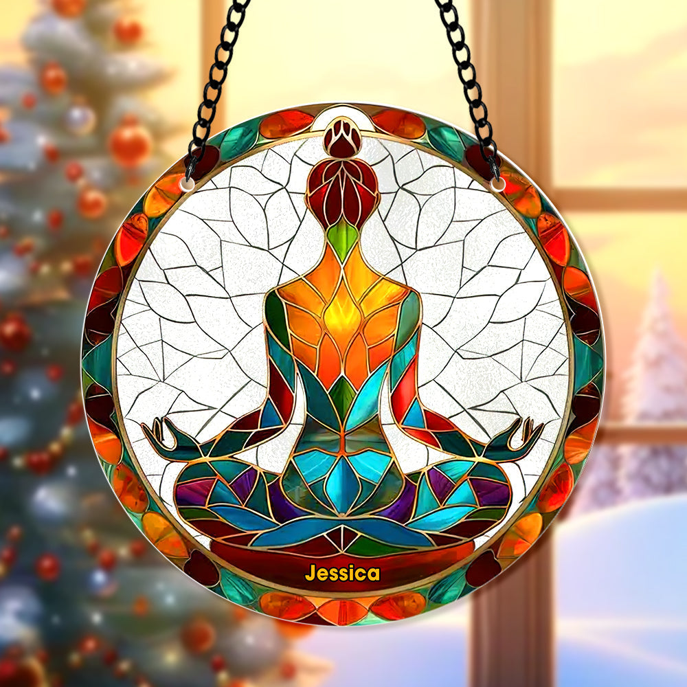 Personalized Christmas Yoga Suncatcher Ornament - Custom Name Stained Glass