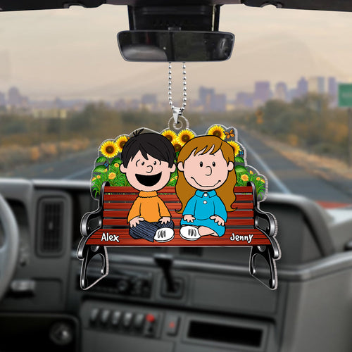 Personalized Couple Car Ornament - Sunflower Bench Design Ornament PopCulturePrints