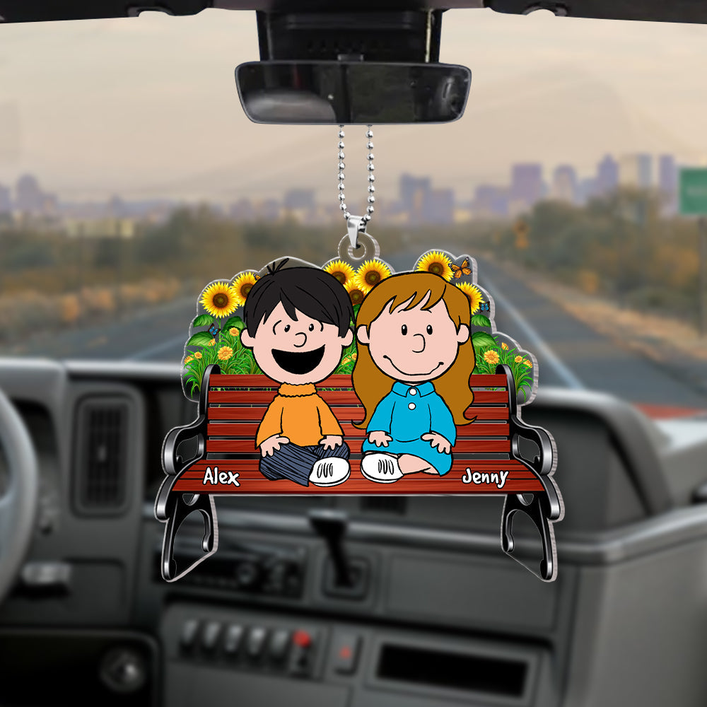 Personalized Couple Car Ornament - Sunflower Bench Design Ornament PopCulturePrints