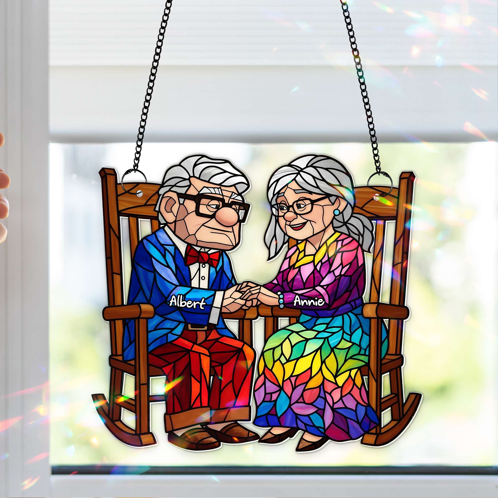 "Love Knows No Age" - Personalized Old Couple On the Porch Suncatcher - Custom Gift for Couples Ornament PopCulturePrints